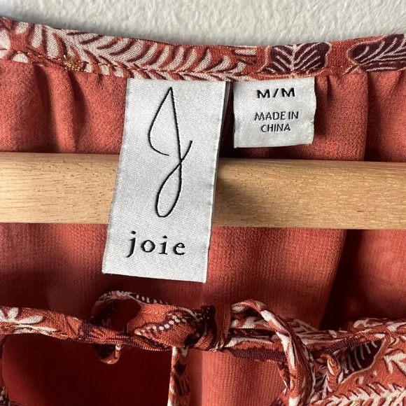 Joie Floral Rustic Orange Blouse Sz M Metallic Accent Threading Flowy Boho - Picture 7 of 9